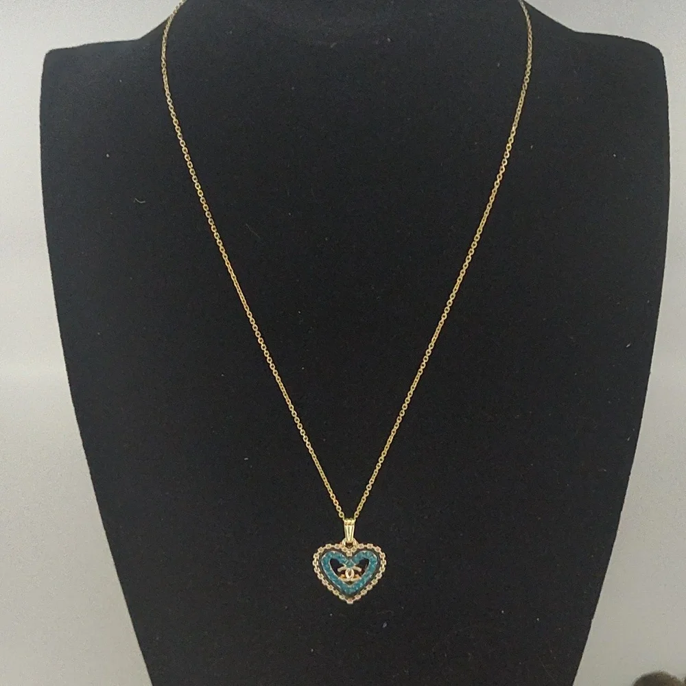 Authentic Chanel Gold and Blue Heart Pendant Necklace 925 Sterling 18k Plated - Picture 3 of 4